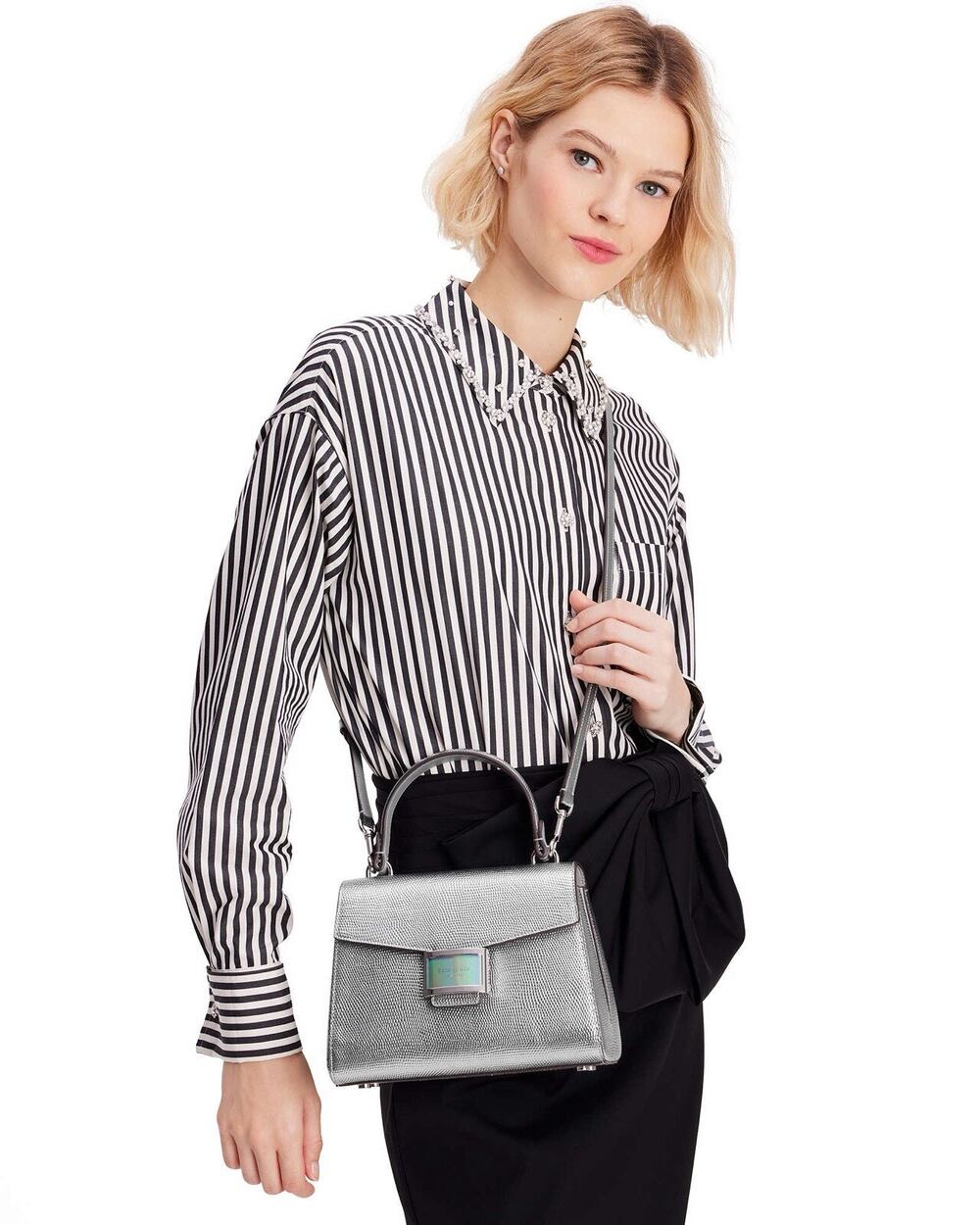 Kate Spade KF354 Katy Lizard Embossed Leather Small Top Handle Satchel Silver